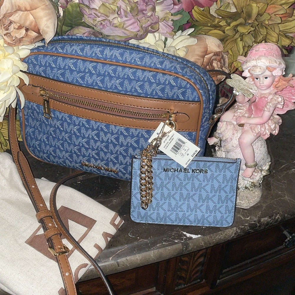MICHAEL KORS NWT DENIM Jet Set Large Zip Logo Chain Crossbody Bag